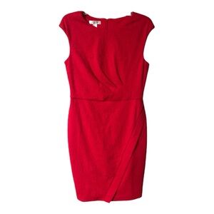 London Times Red Lace Faux Wrap Pleated Knee Length Midi Sheath Dress Size 10